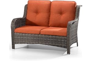 Joyside Outdoor Patio Wicker Loveseat Sofa - 2-Seater Rattan Sofa for Outside Patio Garden with Deep Seating and Olefin Cushions(Mixed Grey/Orange)