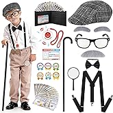 FUSPWEAO Kids 100 Days of School Costume for Boys - 1920s Old Man Grandpa Costume Set with Beret, Cane, Mustache & Wallet for 100th Day of School, Halloween, Pretend Play Dress Up