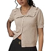 Watashi Womens Short Sleeve Cardigan Casual Button Down Ruffle Collared Lightweight Knittwear Summer Sweater Top