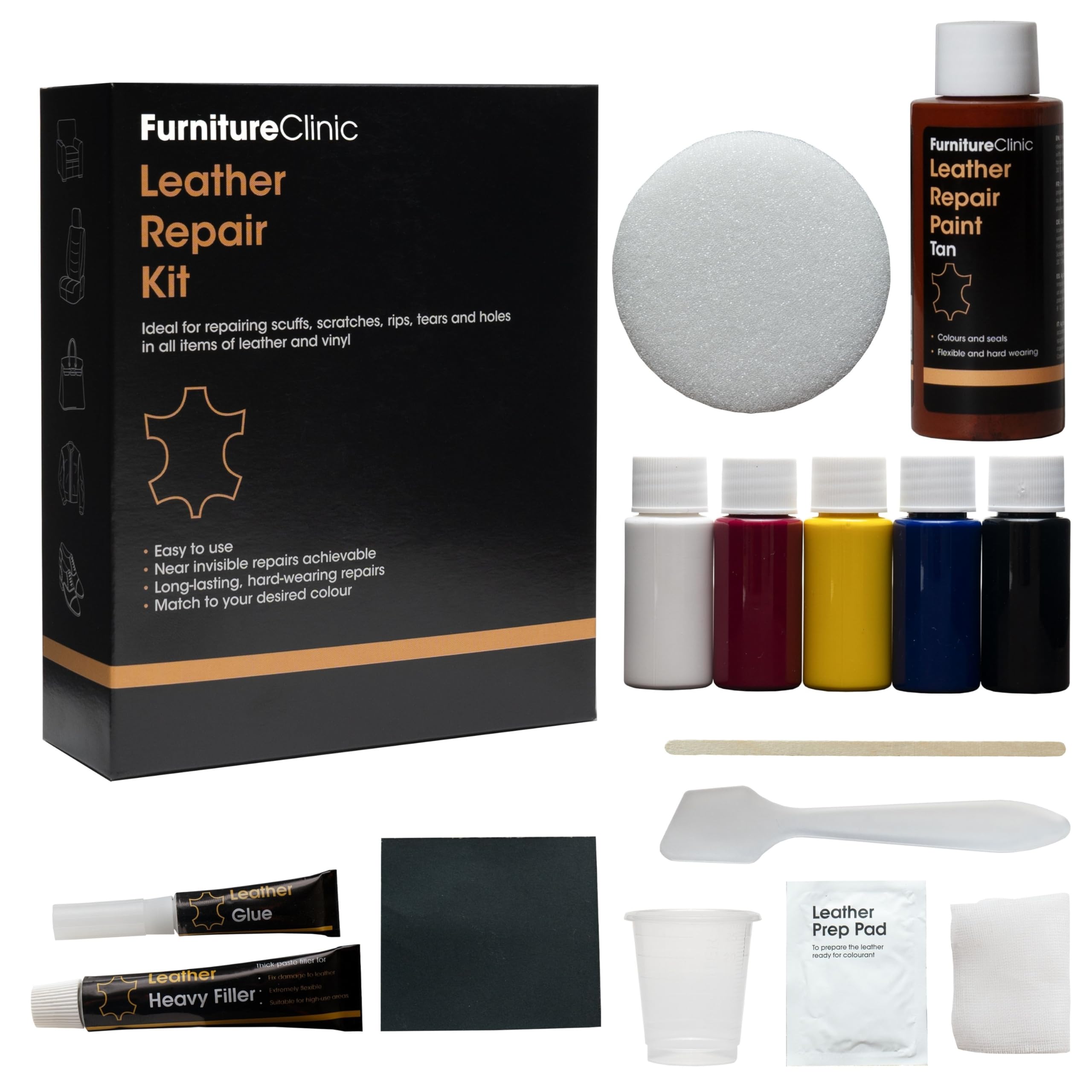 Furniture Clinic Complete Leather Repair Kit (Tan) -12 Colour Options for Sofas, Car Seats - Matches All Shades of Leather - Patch, Fill & Touch up Scratches, tears and Other Damaged Areas