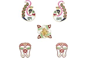 ARTISENIA Handmade Peacock Shubh Labh with laxmi Charan Paduka Pagal | Acrylic Diwali Rangoli Floor Table Decoration | Floor Wall Stickers Shubh Labh Set Indian Puja Festival Decorations Home Temple Decor Gifts