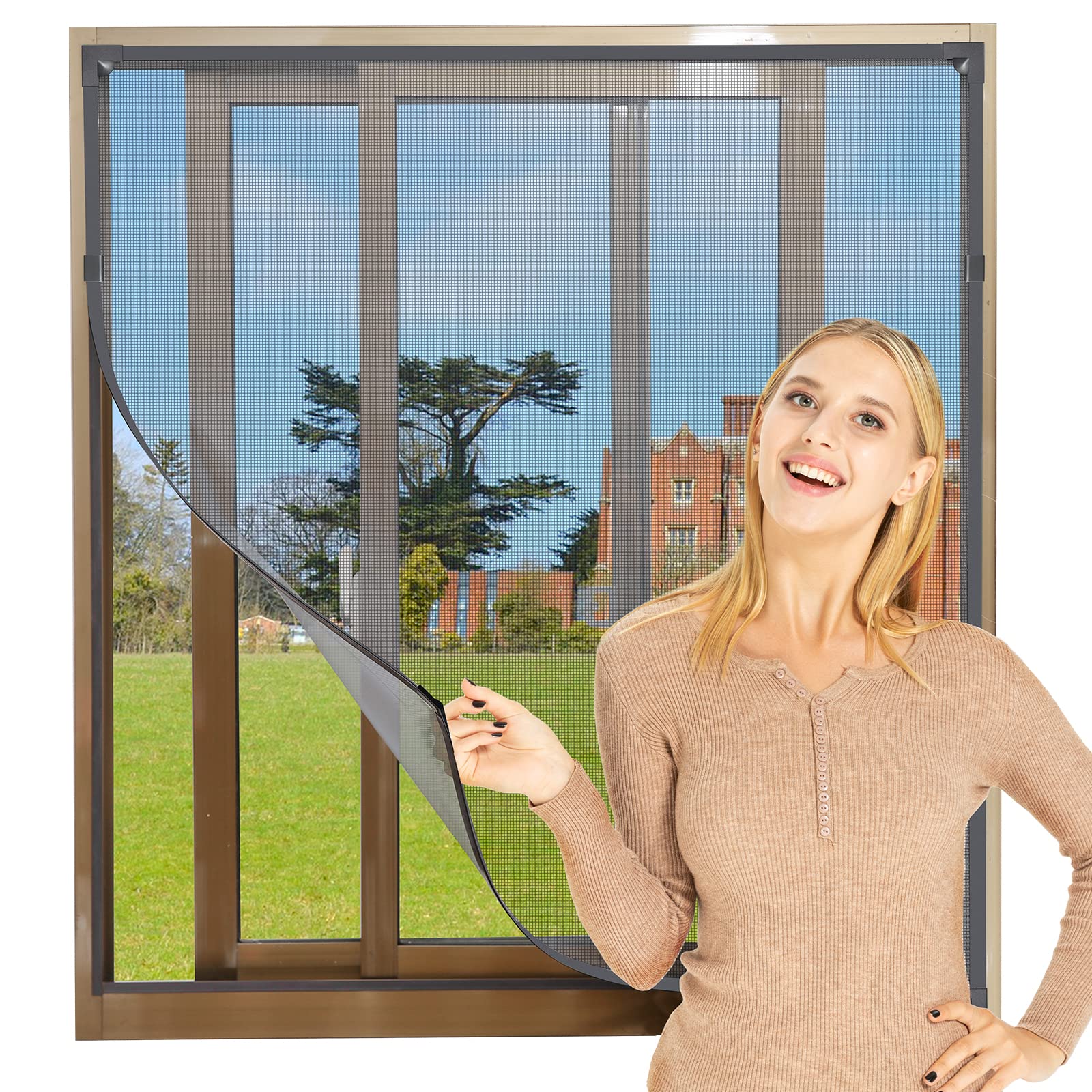 NeatiEase Adjustable DIY Magnetic Fly Screen Window Max 100x 130 cm, Full Frame Magnetic Strip Easy Installation Fits Any Size Smaller Insect Mesh Mosquito Bug Net for Windows (Grey Frame Black Net)