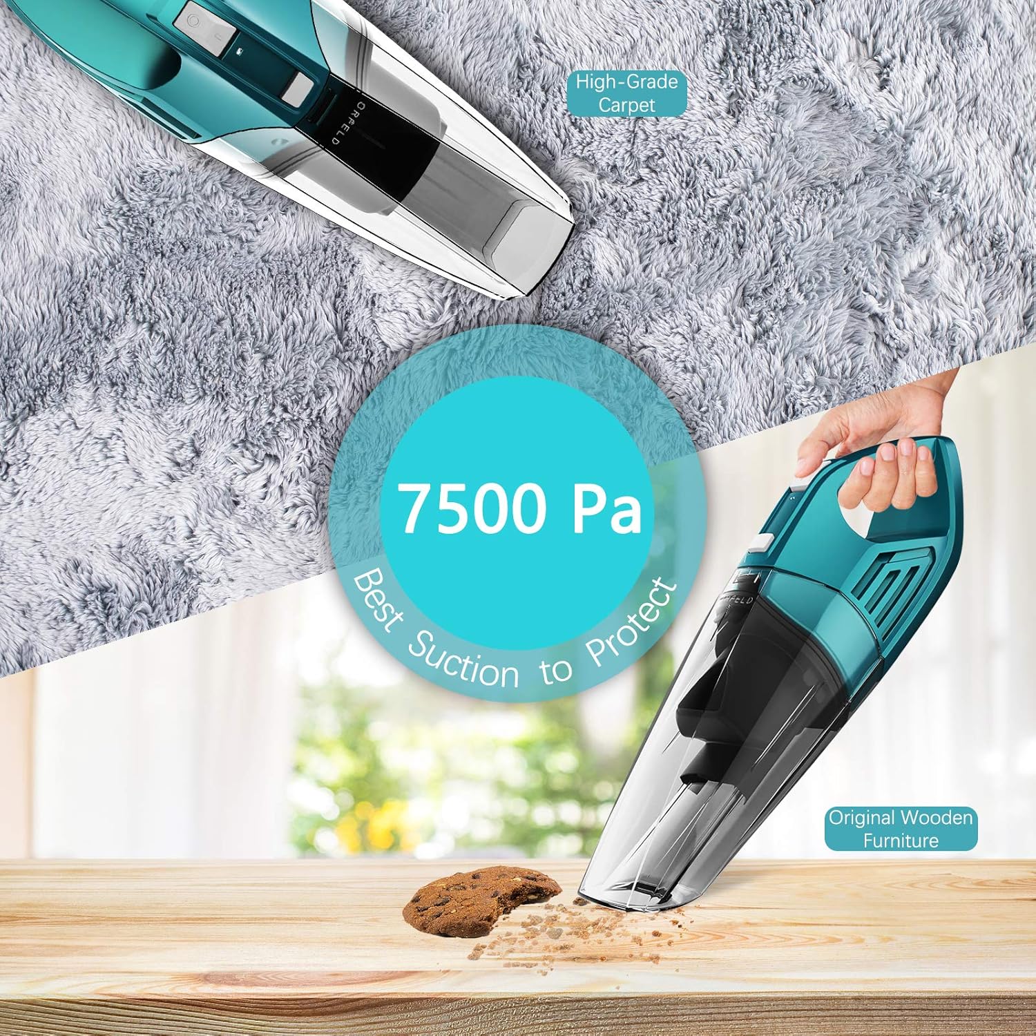 ORFELD Handheld Vacuum, 7500PA Hand Vacuum Cordless with Powerful Suction, Wet Dry Portable Handheld Vacuum Cleaner for Pet Hair, Home and Car Cleaning: Home & Kitchen