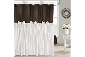 DOSLY IDÉES Farmhouse Brown Shower Curtain,Bowknot,Cotton Woven and Cotton Blend Fabric,Pleated Brown Stripe,Country Style,72x72 in