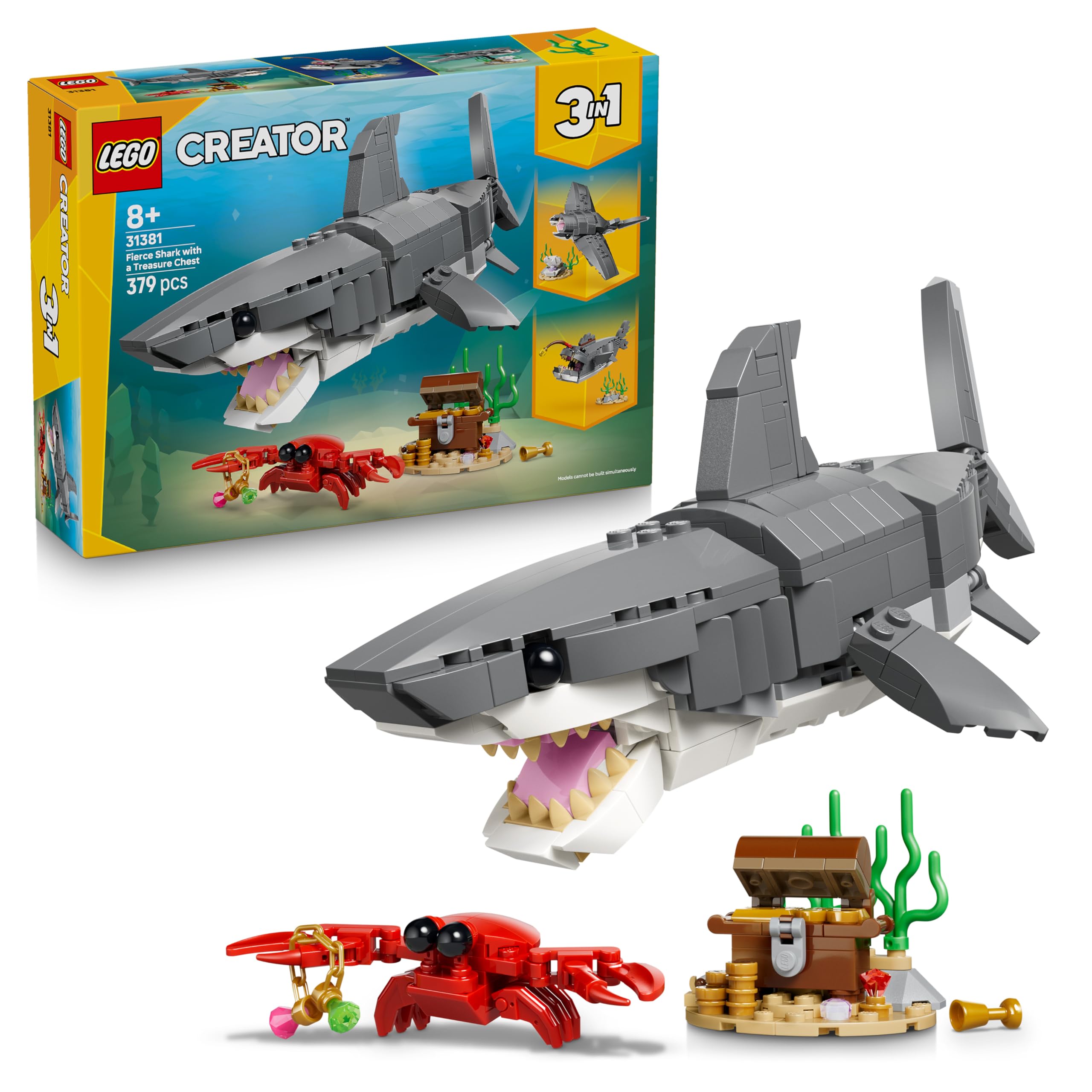 LEGO Creator 3-in-1-Set Wilder Hai mit Schatztruhe - Kreatives Spielzeug & Konstruktionsspielzeug - Meerestiere Bauset mit Hai Figur - Geschenk für Kinder ab 8 Jahren mit 3 Bauoptionen - 31381