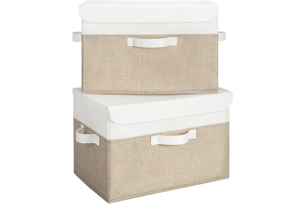 GRANNY SAYS Storage Bins with Lids, Pack of 2 White/Light Brown Fabric Storage Boxes, Closet Organizers and Storage Baskets S