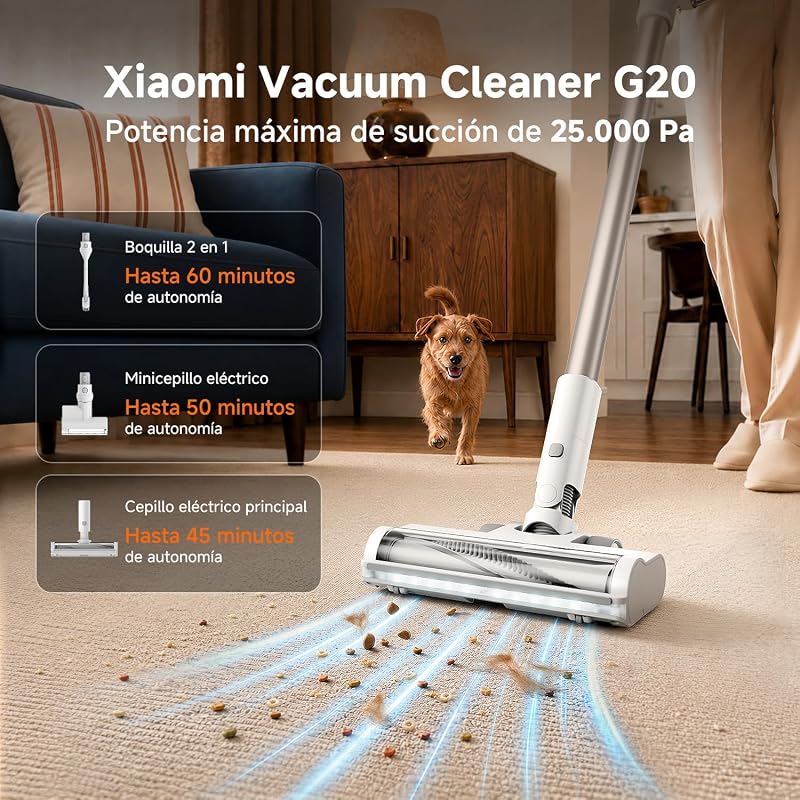 Aspiradora inalámbrica G20, 25 kPa / 150 AW, 60 min de autonomía, filtración 99.9%, con luz Frontal para detección de Polvo, Ideal para Suelos Duros, alfombras y Pelo de Mascotas, White