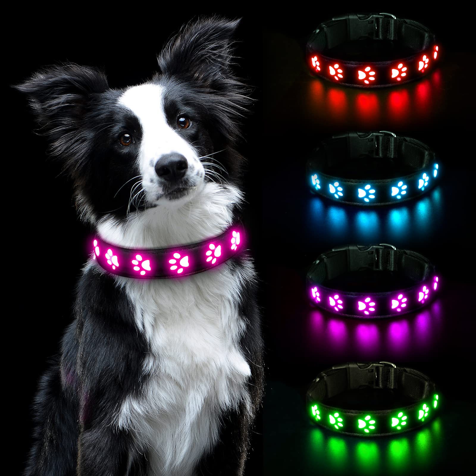 AUAUY Light Up Dog Collar, LED Dog Collar Light USB Rechargeable, Waterproof Flashing PVC Leather Adjustable Glowing Super Bright Dog Light Up Collar for the Dark for Small Medium Large Dogs (Pink-L)