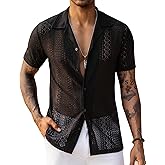 URRU Mens Floral Lace Shirt Short Sleeve Hollow Out Sheer See Through Casual Button Down Shirts