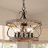 20" Farmhouse Chandelier, 5-Light French Country Drum Chandelier Over Table, Wood Chandelier for Kitchen Island Dining Room E