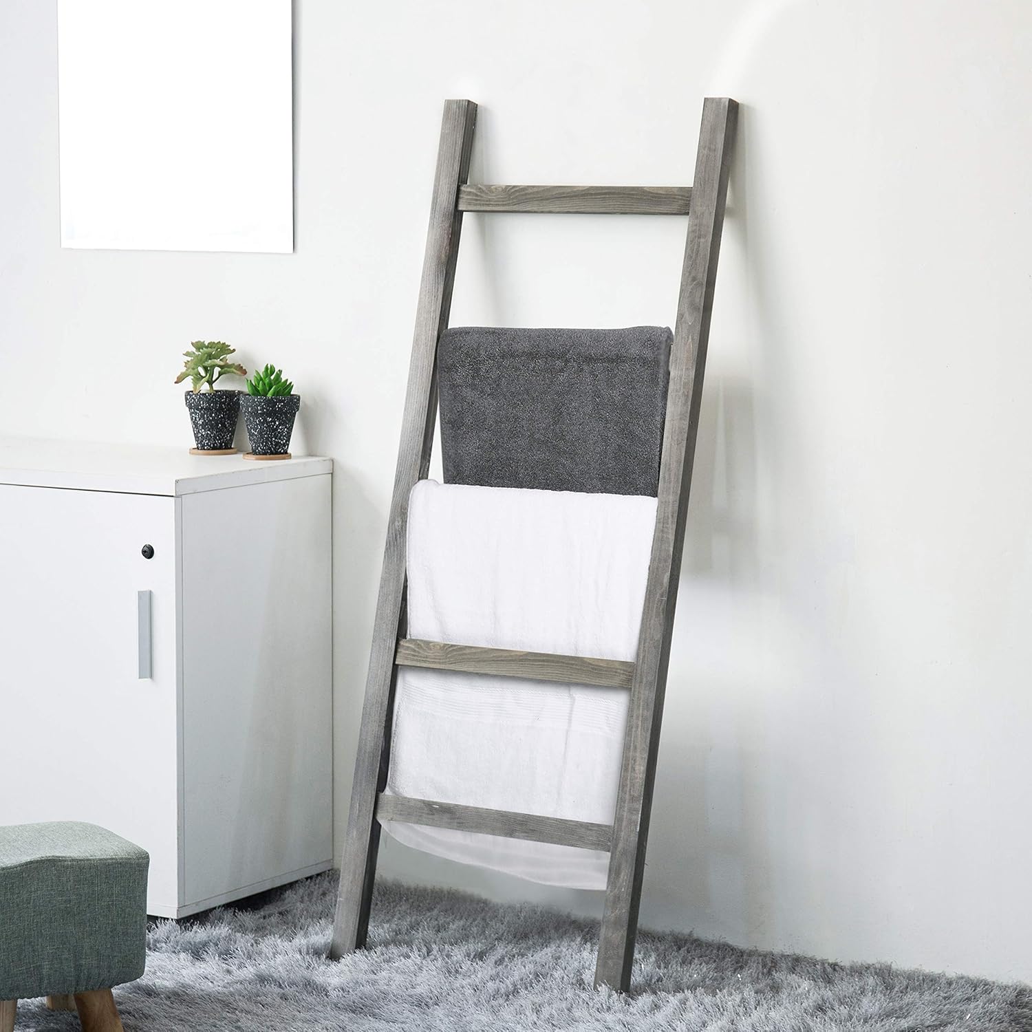 MyGift Wall-Leaning Rustic Gray Wood Ladder-Style Blanket Rack: Furniture & Decor