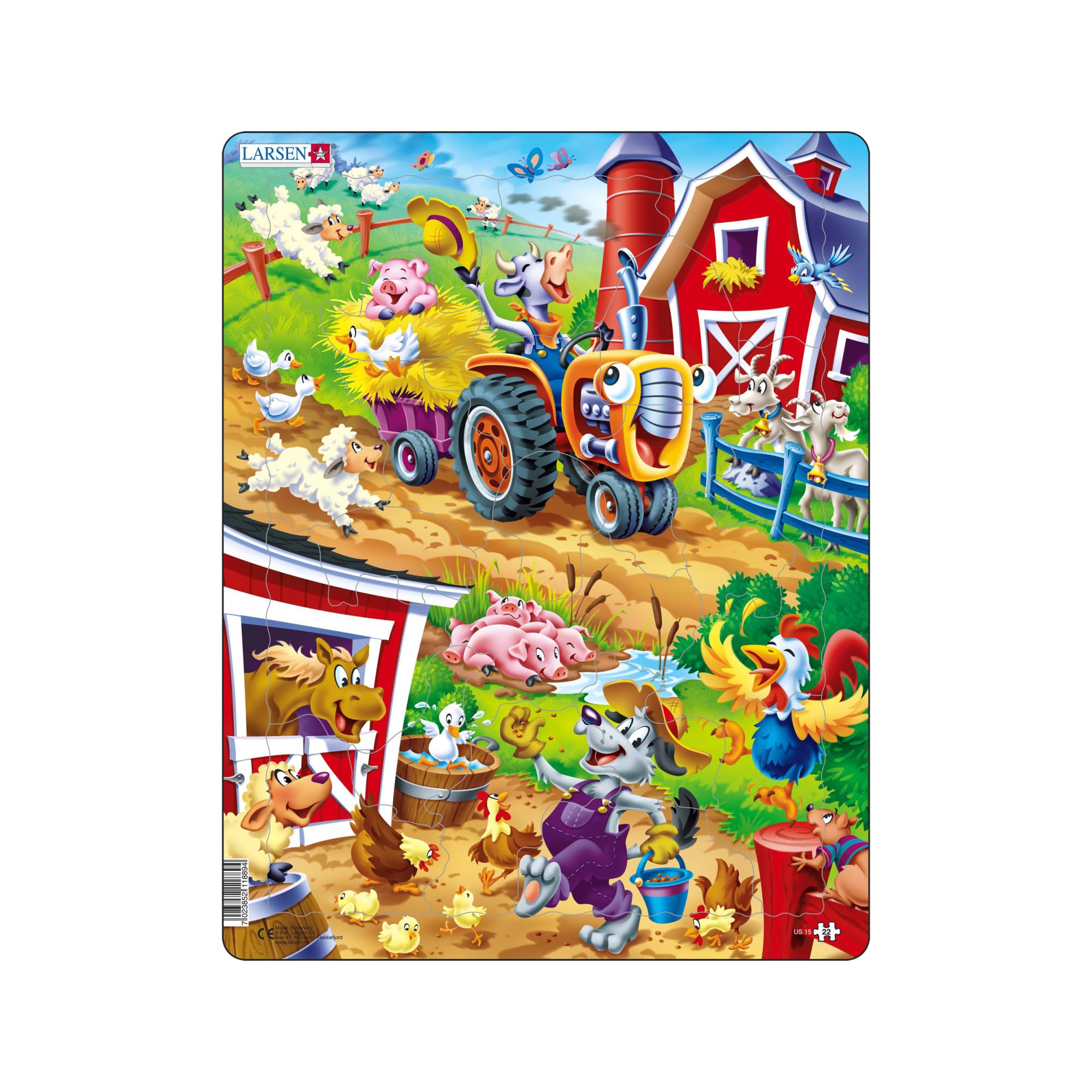 Larsen US15 Barnyard Animals Kids’ Jigsaw Puzzle – 22-Piece Tray Puzzle (Ages 3+), Extra-Thick Cardboard & Shaped Pieces – Ideal Small Gift for Children