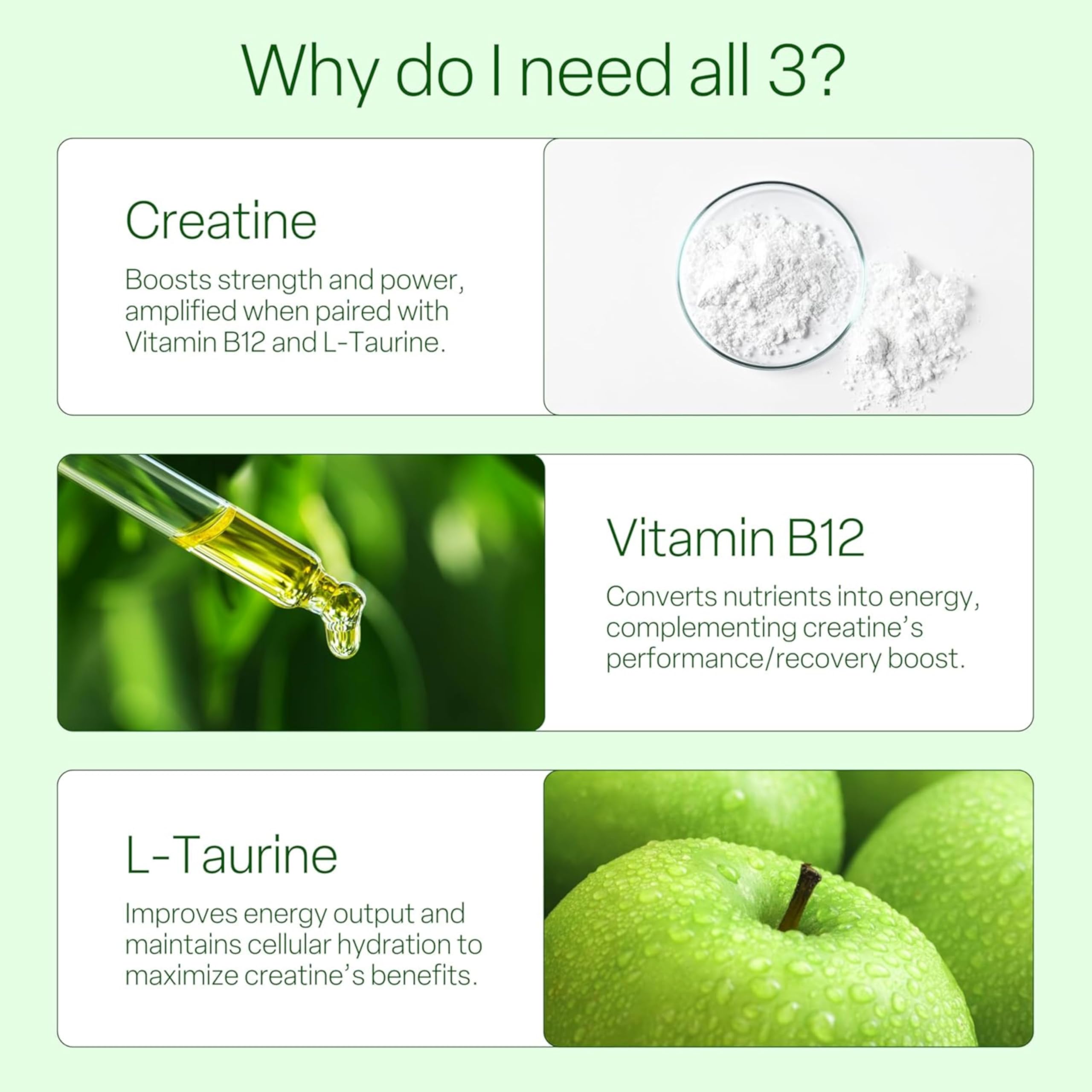 Creatine Gummies 5g – Sugar-Free Creatine Monohydrate + Taurine & B12 | Vegan, Gluten-Free | Green Apple Flavor | 120 Gummies for Strength, Energy & Focus for Women & Men