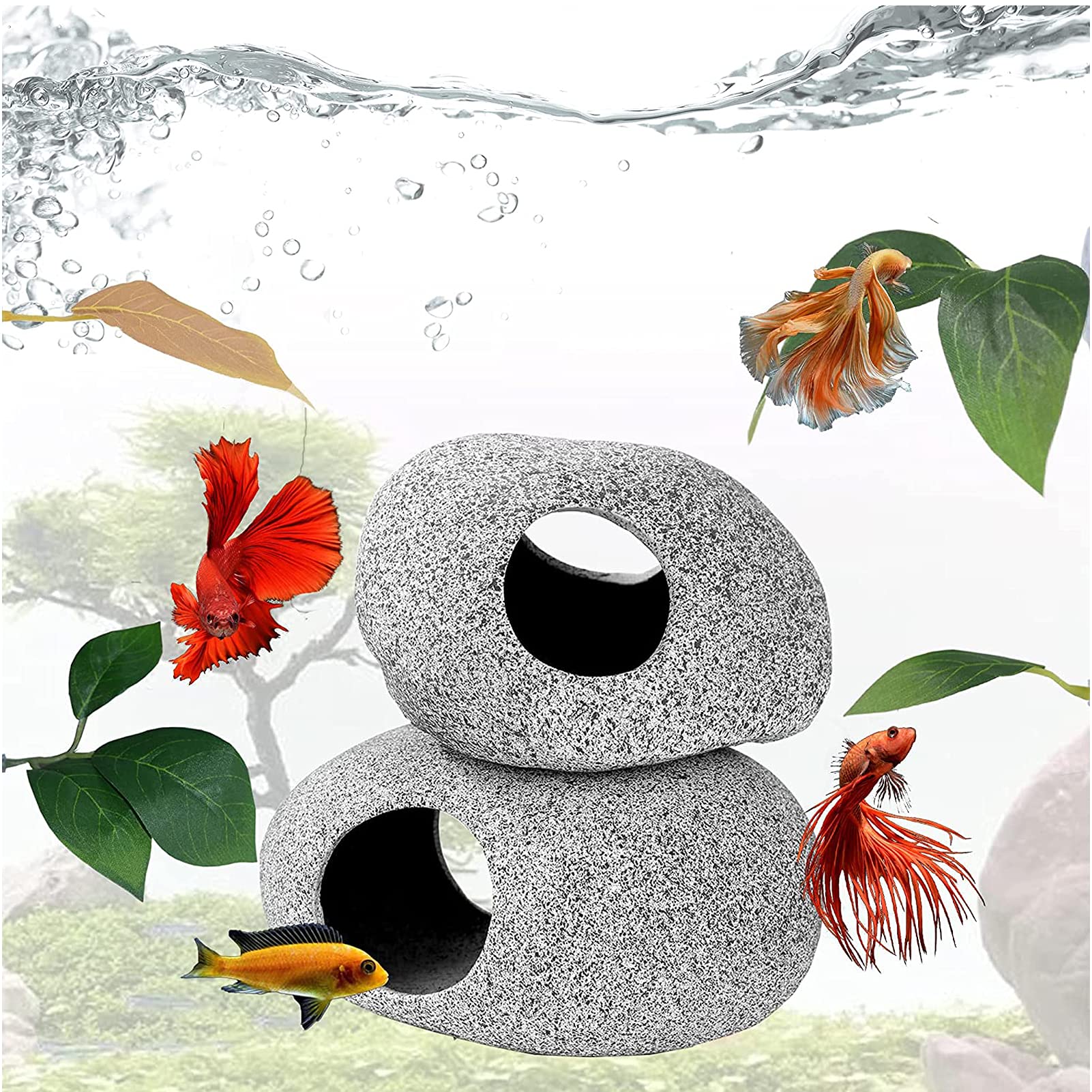 LLGLEU 2 Pcs Aquarium Hideaway Rocks for Aquatic Pets to Breed Play and Rest, Decoration Rock Caves and 6 Pieces Fish Leaf Pad Simulating The Natural Habitat for Shrimp Cichlid Betta Fish