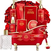 Anniversary Gifts for Women, Spa Bath and Body Gift Set, Red Rose Gift Basket Relaxation, Pampering, Thank You, Birthday Gifts for Mom Her with Perfume, Jade Roller, Quartz Gua Sha Stone &amp; More