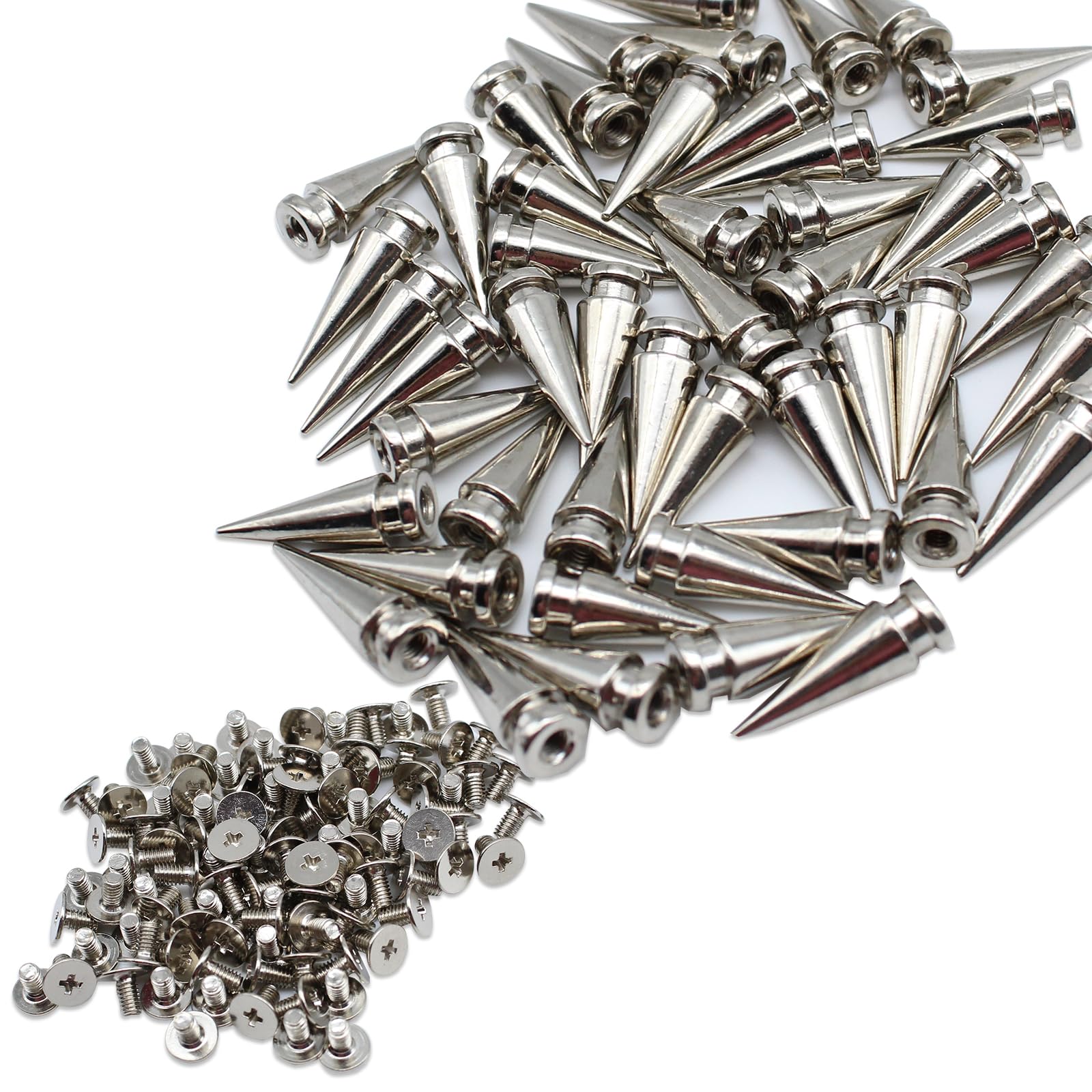 Mesanda スタッズ パーツ 鋲 コーンスパイク リベット 100/50個セット 円錐型スタッズ ネジ式 パンク風 DIY 服アクセサリー ハンドメイド 手芸 レザークラフト カバン 靴 リメイク 飾り物 シルバー 直径7mm 高さ9/10/14/20mm (7×20mm 50個) の商品画像