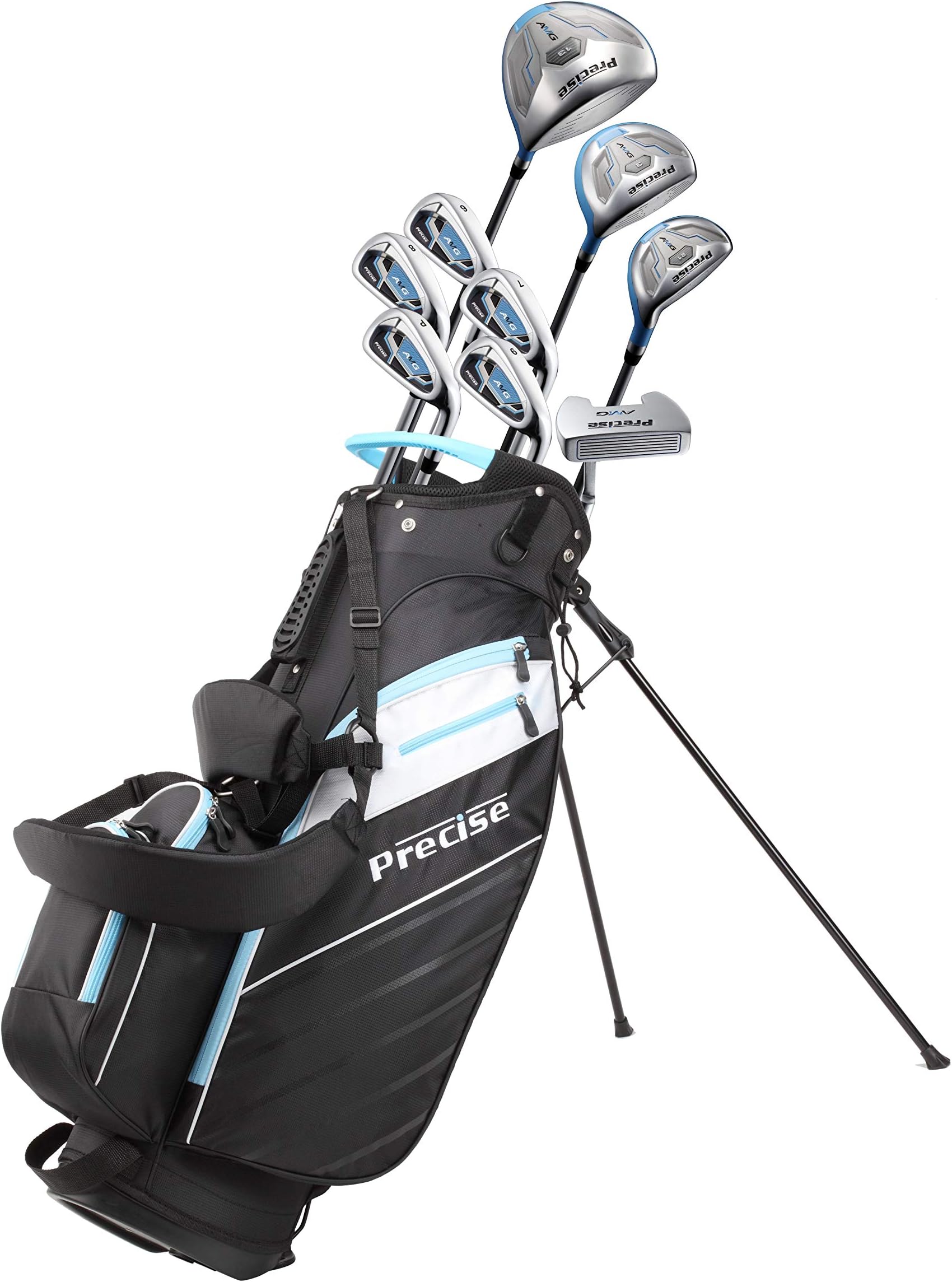 Precise AMG Ladies Womens Complete Golf Clubs Set Includes Driver, Fairway, Hybrid, 6-PW Irons, Putter, Stand Bag, 3 H/C's - Choose Color and Size!