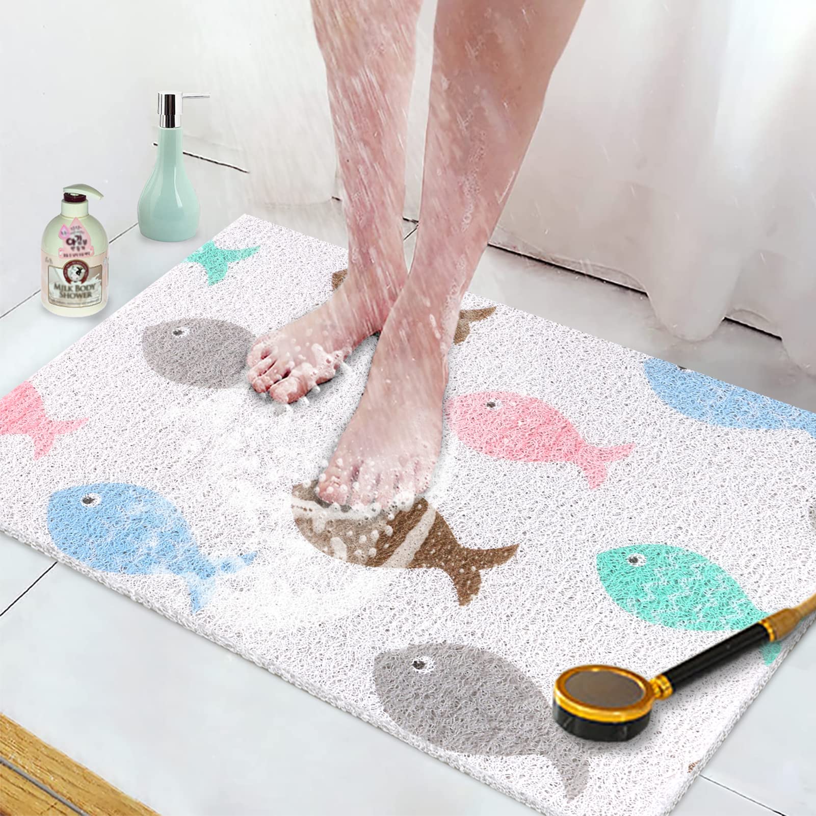 Shower Mat Bath Mat Non Slip Anti Mould Bathroom Bath Mat for Inside Bath, Soft PVC Loofah Shower Mat for Inside Shower with Excellent Permeability, Dirt-resistant, Cuttable (40 x 60 cm, Fish) — image 1