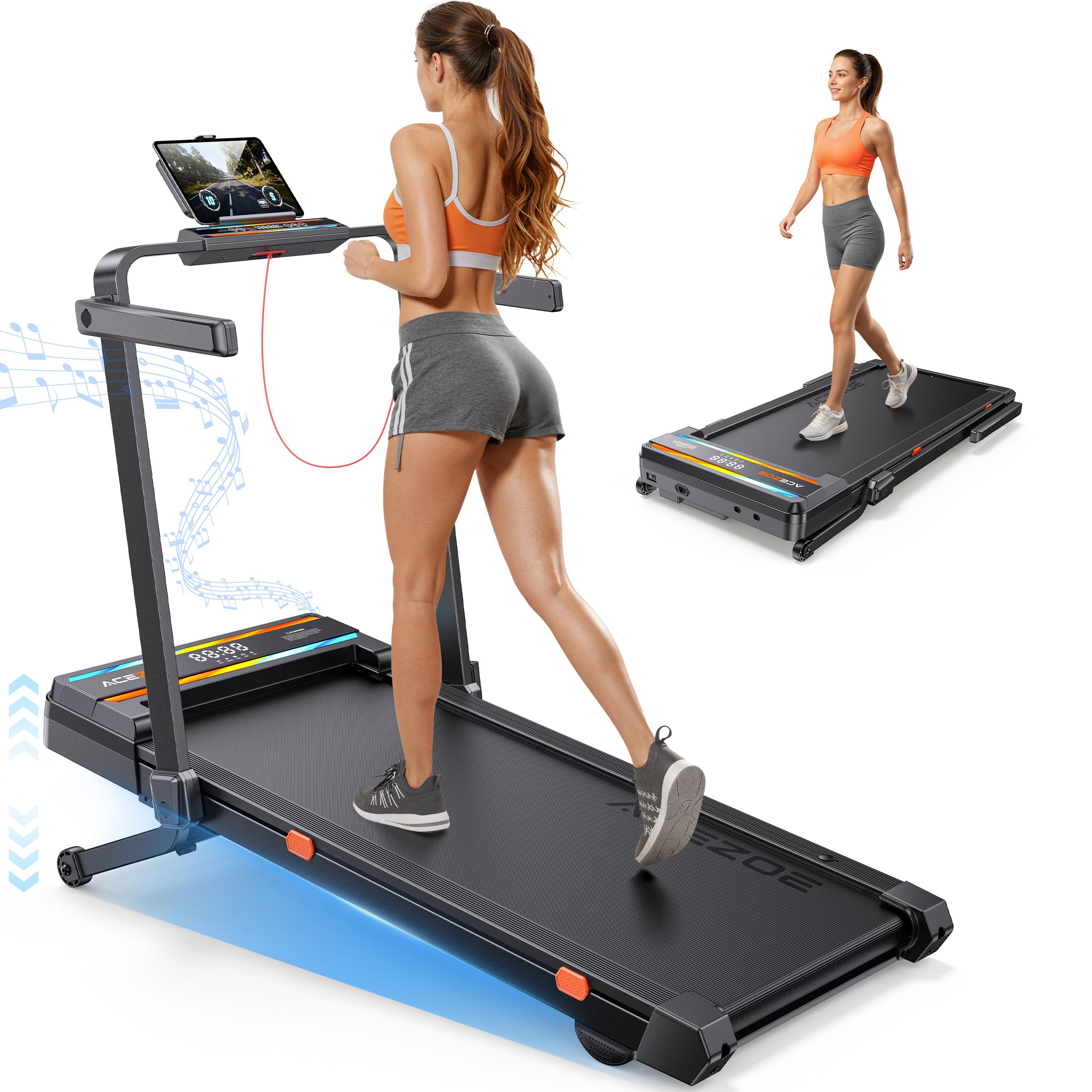 Photo 1 of Foldable Walking Pad with 0-15% Auto Incline and Handle Bar, Under Desk Treadmill with 300LBS Weight Capacity, 3.0HP Quiet Treadmills for Home with Speaker, APP & Remote Control-Black Orange