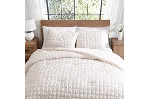 Tahari Home - Comforter Set, Lightweight Bedding with Matching Pillow Shams, Chic Room Decor, Puckered Seersucker Room Decor (Luca Ivory, Full/Queen)