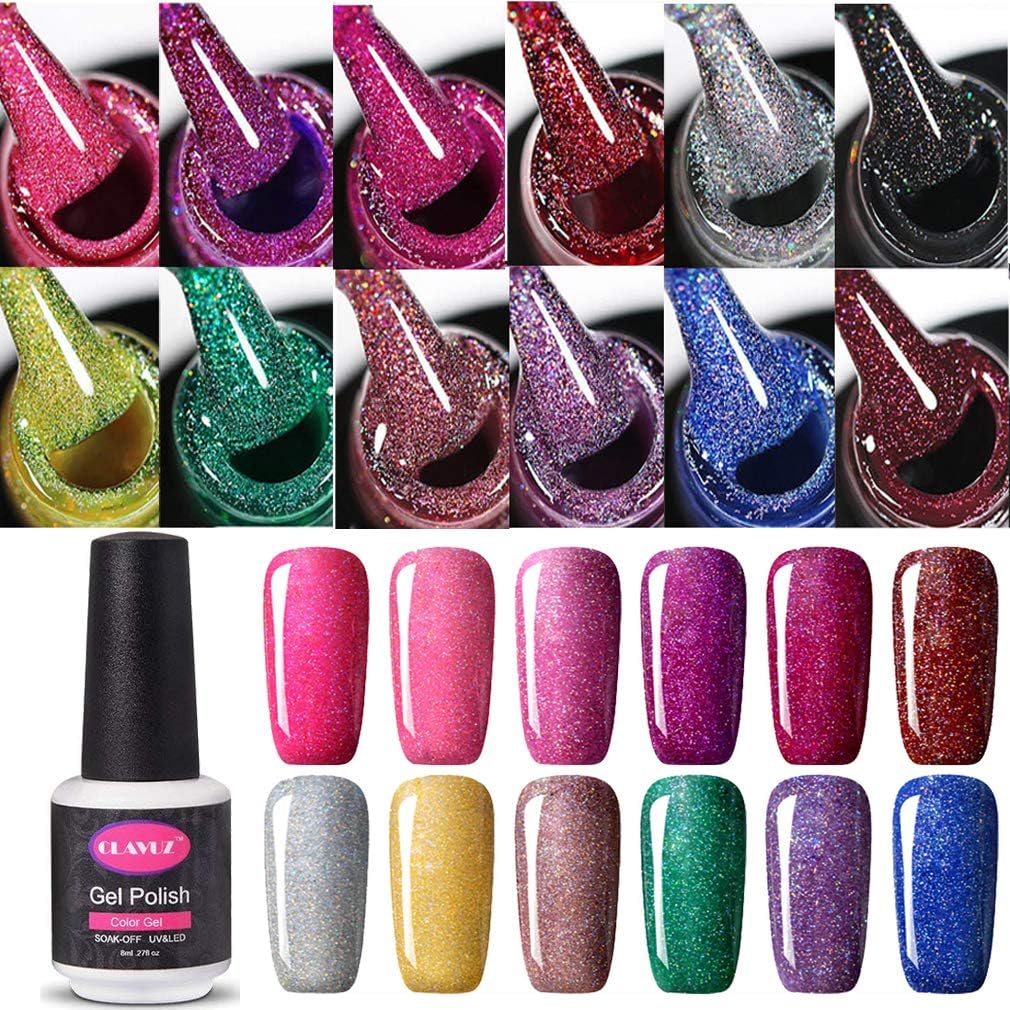 CLAVUZ Gel Nail Polish Set 12PCS Neon Bling Nail Varnish Soak Off UV LED Gel Nail Kits 8ML