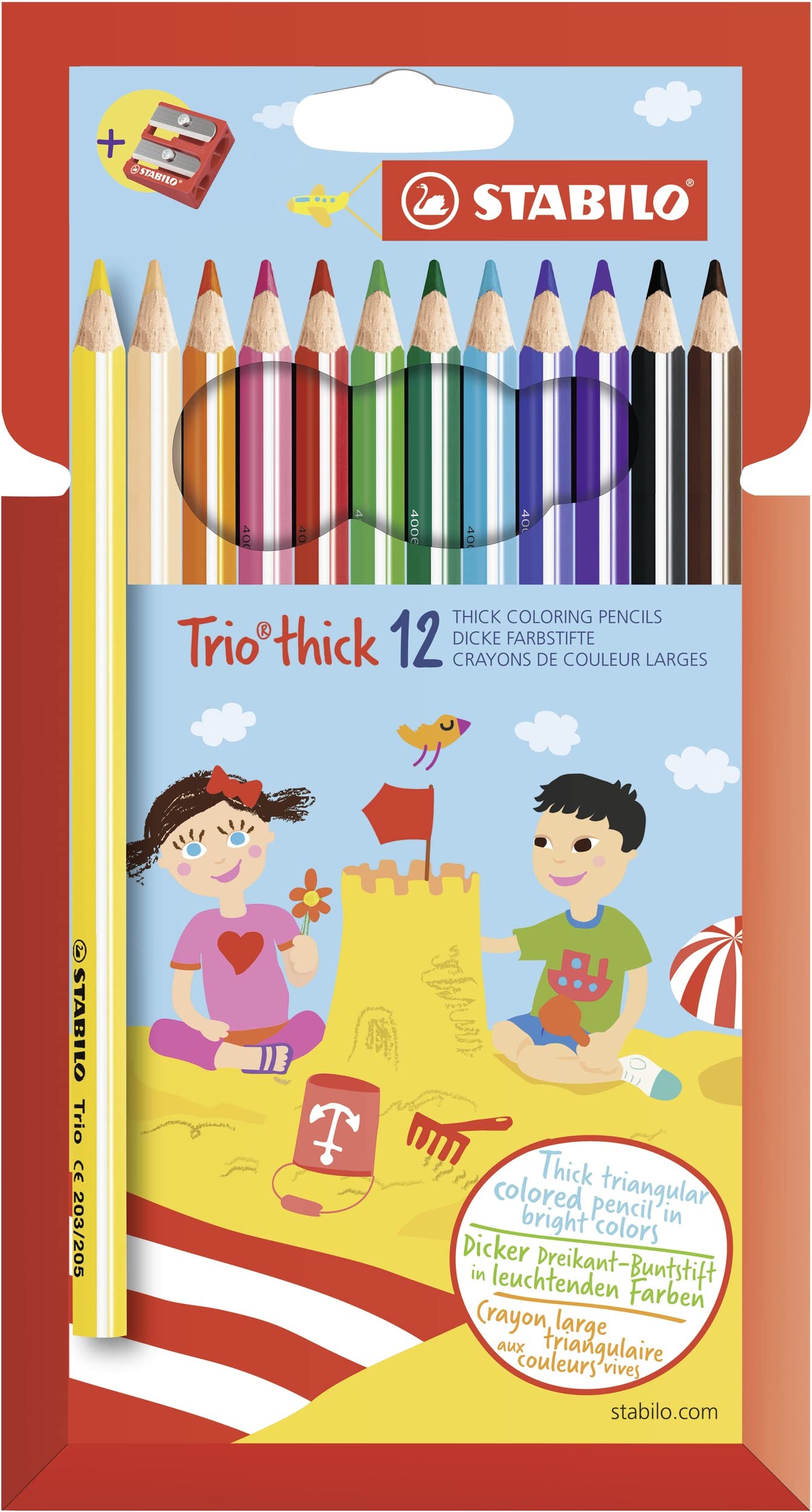 Colouring Pencil - STABILO Trio thick - Pack of 12 - Assorted colours + Sharpener