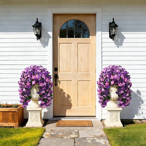 HYEFLORA ARTIFICIAL FLOWERS WITH BASKET FOR OUTDOORS, 3PCS FAUX HANGING MORNING GLORY SILK FAKE FLOWERS LIFELIKE PLANTS UV RESISTANT FLOWERS FOR OUTSIDE PLANTER PATIO GARDEN PORCH DECOR (PURPLE RED)