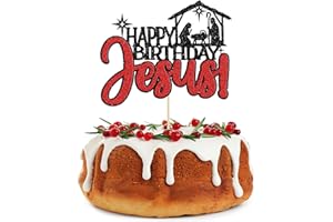 Gyufise 1Pcs Happy Birthday Jesus Cake Topper Red Glitter Birthday Cake Decorations Jesus is Reason for the Season for Nativity Scene Christmas Party Decorations