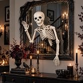 Halloween Haunted Mirror Decor DIY Skeleton Mirror Gothic Tabletop Prop | 16 Inch Half Body Posable Skeleton with Hanging Hooks, Skull Mirror, Spooky Halloween Decorations, Wall Table Mantel Display