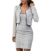 winkbay Women's 2 Piece Outfit Plaid Scoop Neck Bodycon Mini Tank Dress and Open Front Copped jacket
