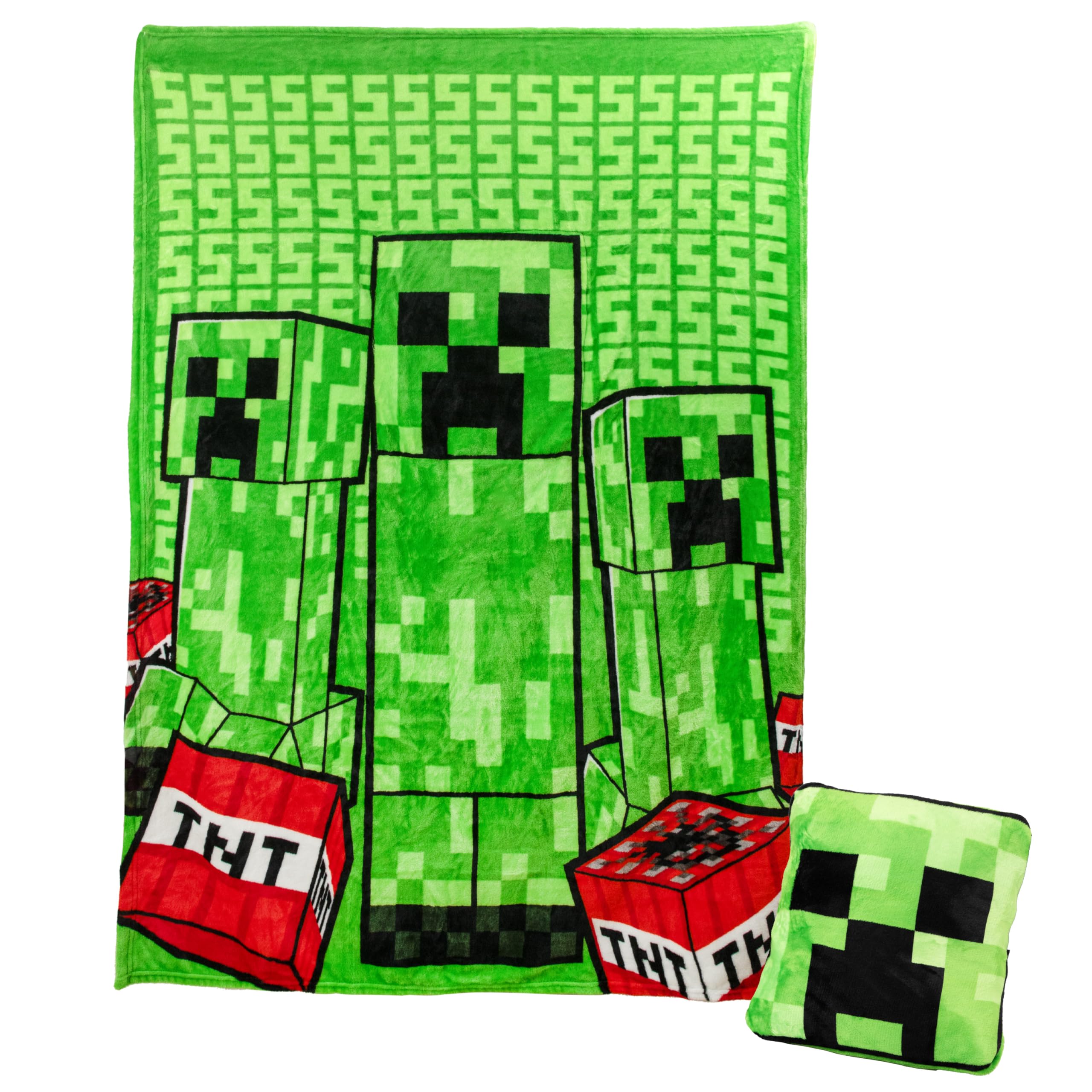 Paladone Minecraft Creeper 2-in-1 Cushion Blanket - Officially Licensed Microsoft Travel Blanket, Foldable Soft Fluffy Throw, Compact Design for Living Room or Bedroom Decor, 120cm x 150cm