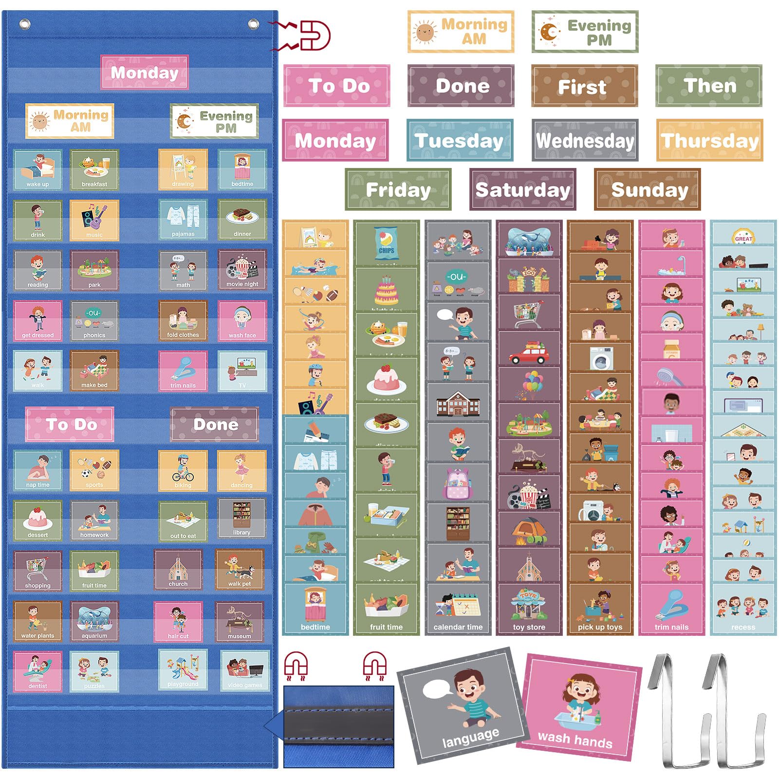 Photo 1 of Fulmoon Visual Schedule for Kid Large Chore Magnetic Pocket Chart Morning Bedtime Routine Chart for Toddlers Daily Schedule Board with 109 Cards for Home School Planner Autism Learning Material