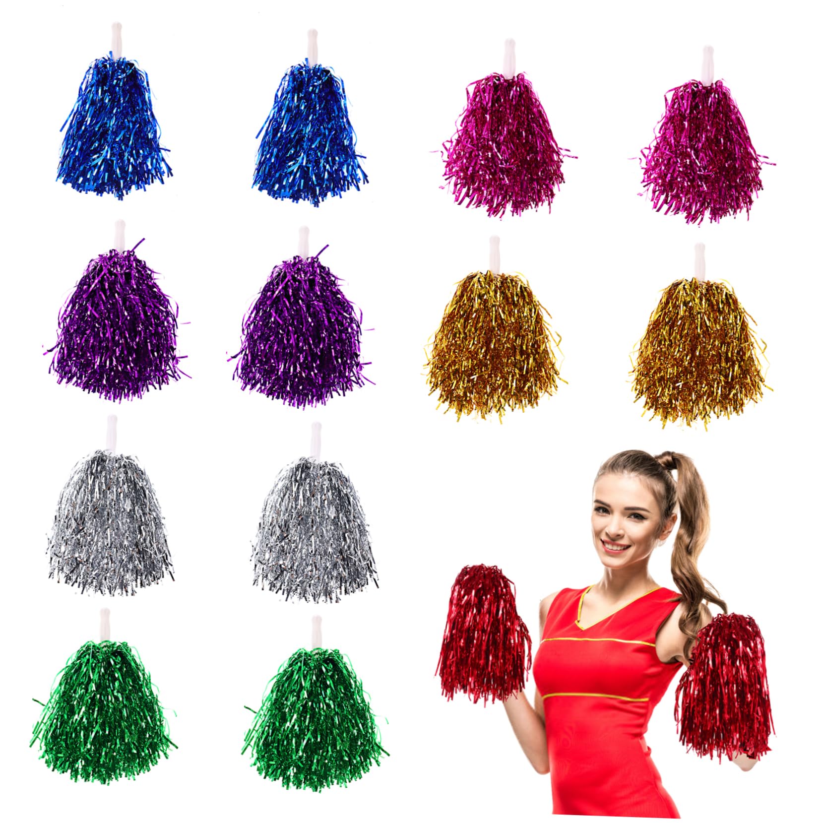 STOBOK 14Pcs Cheerleading Pom Poms Metallic Foil Cheerleader Pompoms with Handle for Sports Events Cheering Party Costume Accessories(Random Color)