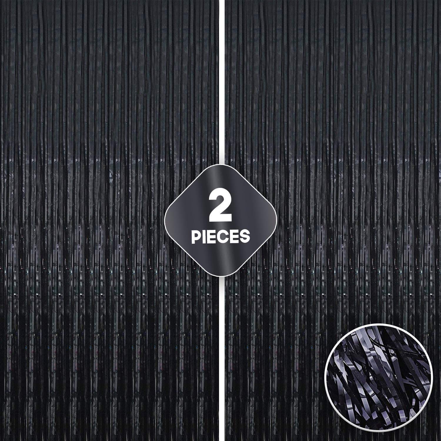 Xtra Large, Black Foil Fringe Curtain - 3.2x10 Feet, Pack of 2 Black Fringe Backdrop for Birthday Party | Metallic Black Foil Curtain Streamers | Black Tinsel Backdrop for Bachelorette, Graduation