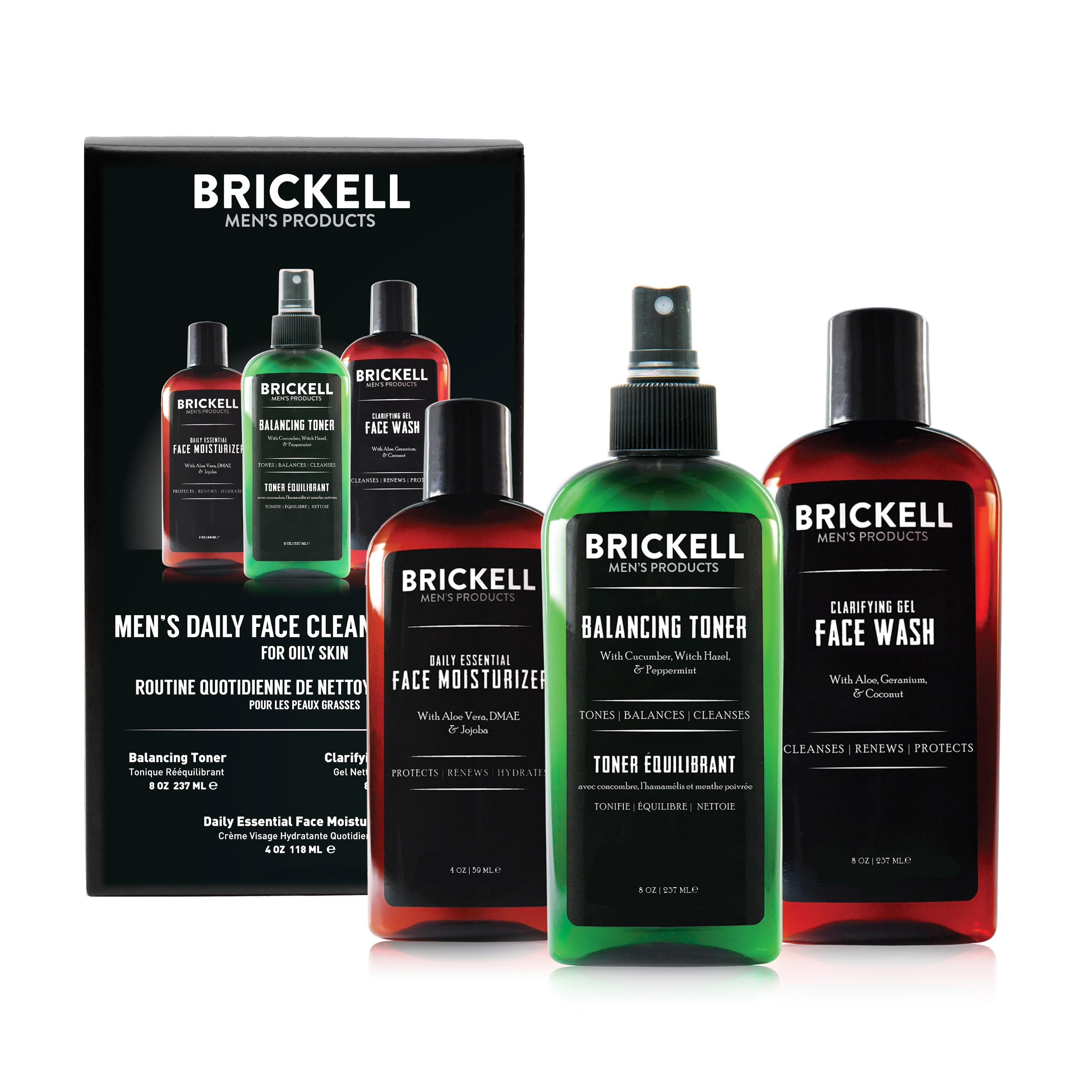 Brickell Men's Daily Face Cleanse Routine for Oily Skin, Alcohol Free Toner, Gel Facial Wash and Moisturizer, Natural and Organic, Scented