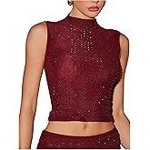 Floerns Women's Rhinestone See Through Tank Top Sleeveless Shiny Mock Neck Going Out Tops