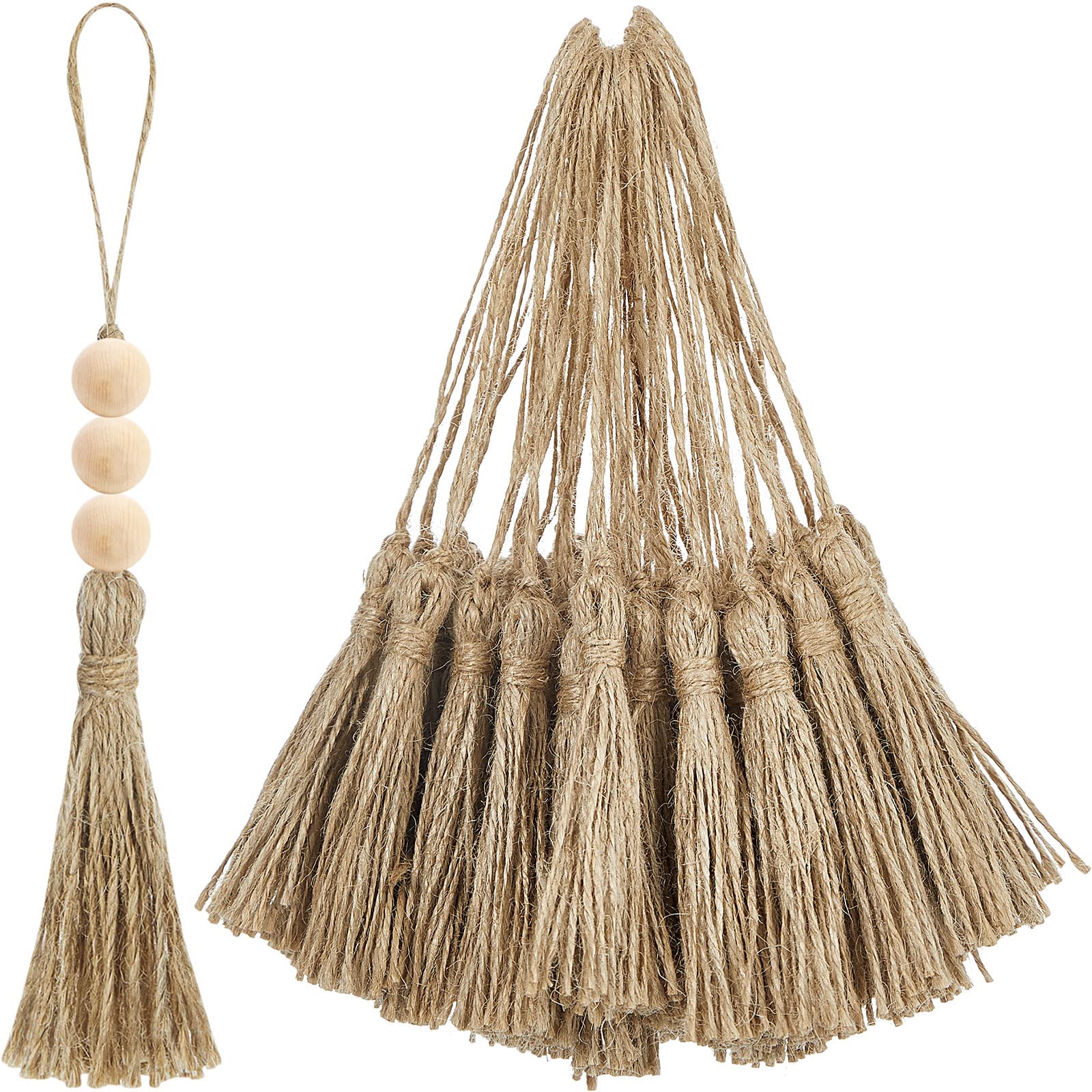 Photo 1 of Ysleen 40 Pieces Natural Jute Tassels for Crafts Small Tassels Bulk for Christmas Jute Rope DIY Wood Beads Bookmark Garland Projects Decorations Wedding Party Gift Tags Crafts