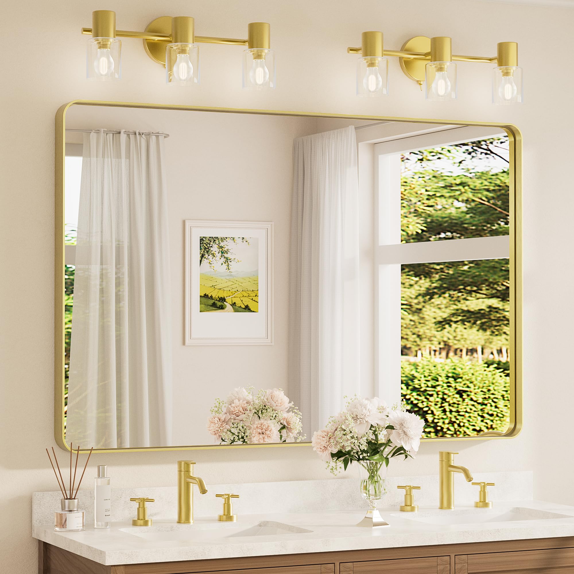 TETOTE 55 x 36 Inch Bathroom Mirror, Brushed Brass Gold Vanity Mirror, Modern Rectangle Metal Frame Decorative Wall Mirror for Entryway Shatterproof (Horizontal/Vertical) Image