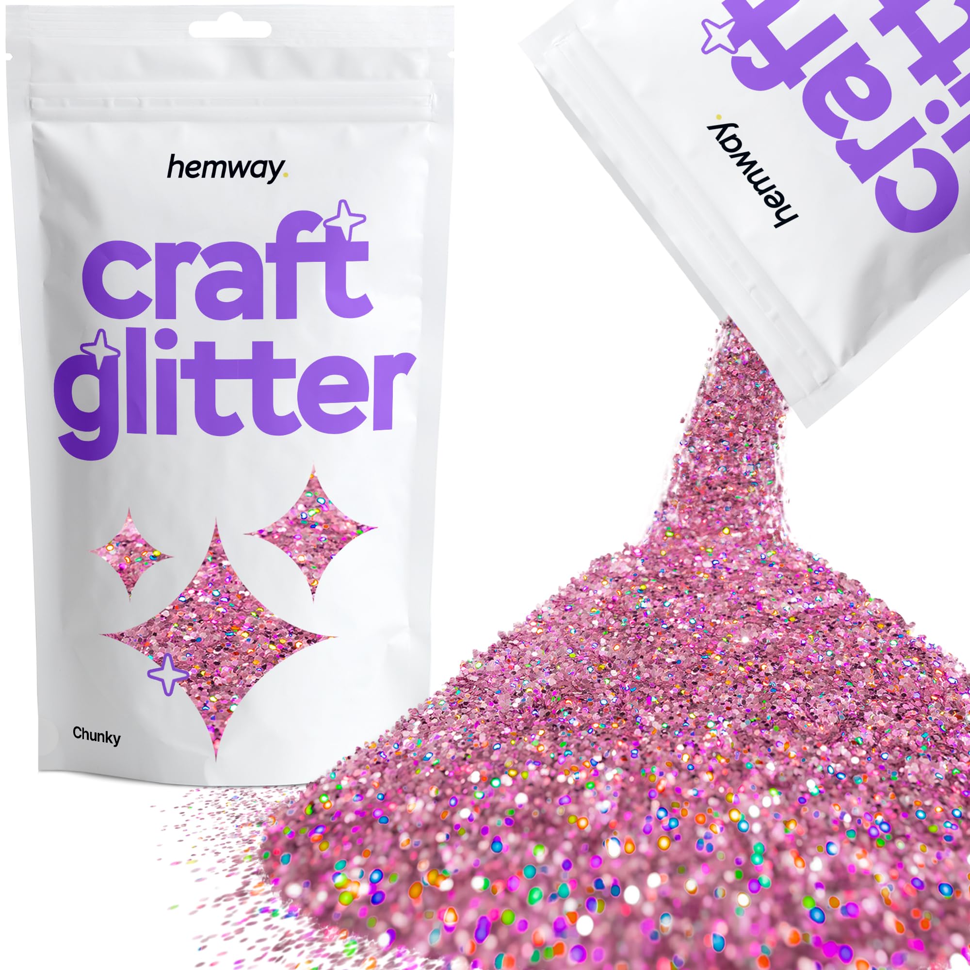 Hemway Craft Glitter Pink Holographic 100g Chunky Glitter for Crafts, Resin, Cosmetic, Nail, Face, Body, Festival, Tumblers, Art, Candle, Crafting
