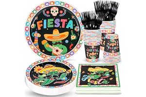 Atonofun Fiesta Party Supplies, Cinco de Mayo Plates and Napkins Set, Disposable Mexican Plates, Cups, Napkins and Cutlery for Cinco de Mayo, Mexican Themed Fiesta Party Decorations Serves 24