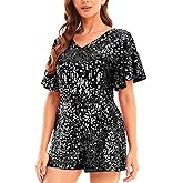 MANER Women’s Sequin Romper Sparkly Short Jumpsuit Party Concert Outfit With Flutter Sleeve
