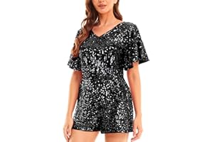 MANER Women’s Sequin Romper Sparkly Short Jumpsuit Party Concert Outfit With Flutter Sleeve