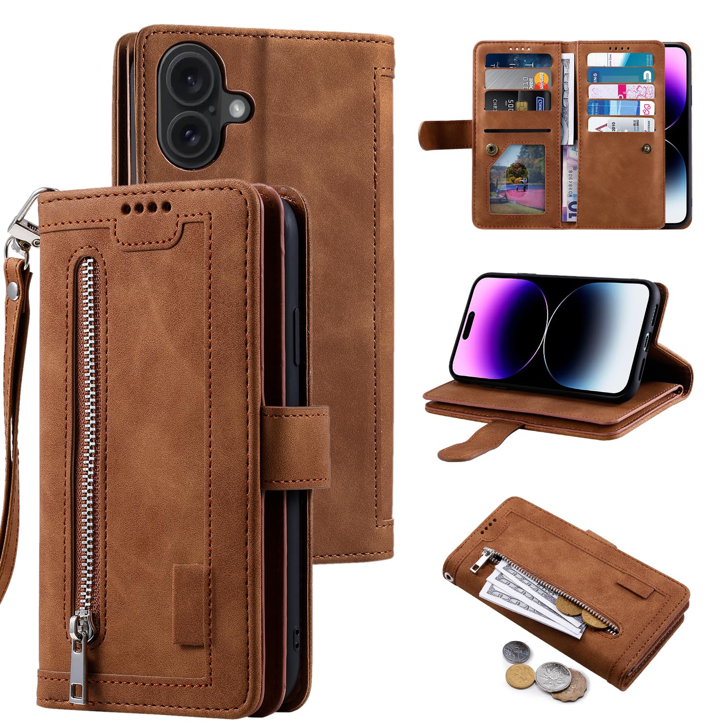 EYZUTAK Wallet Phone Case for iPhone 16 Plus, Retro Matte 9 Card Holder Slots Zipper Pocket Case PU Leather Magnetic Closure Kickstand with Wrist Strap Folio Flip Case - Brown