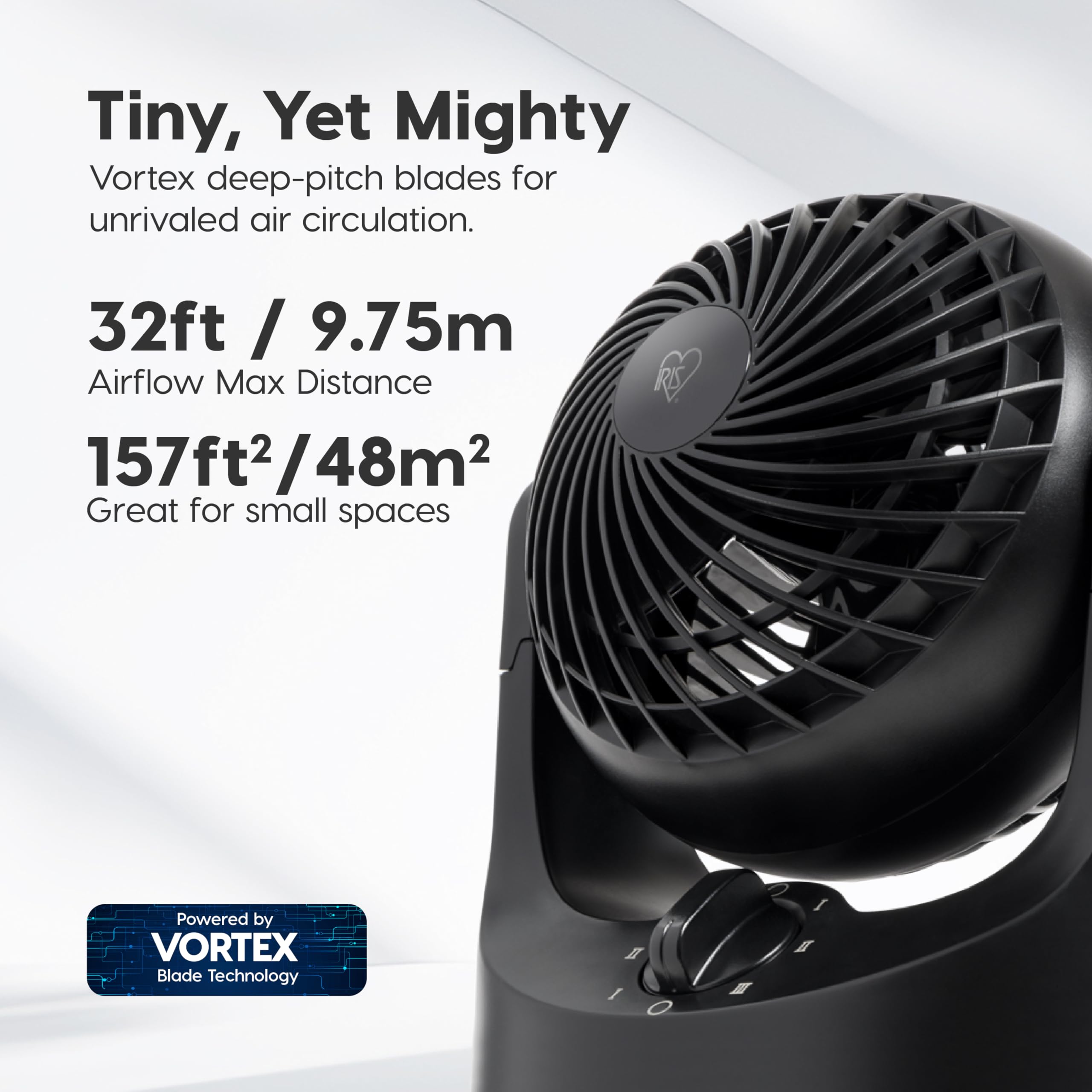 IRIS USA WOOZOO Desk Fan, Air Circulator, 3 Speeds, 32ft Max Air Distance, 112° Adjustable Tilt, 27.5db Quiet Motor, Small Fan for Bedroom, Office, Dorm, Black