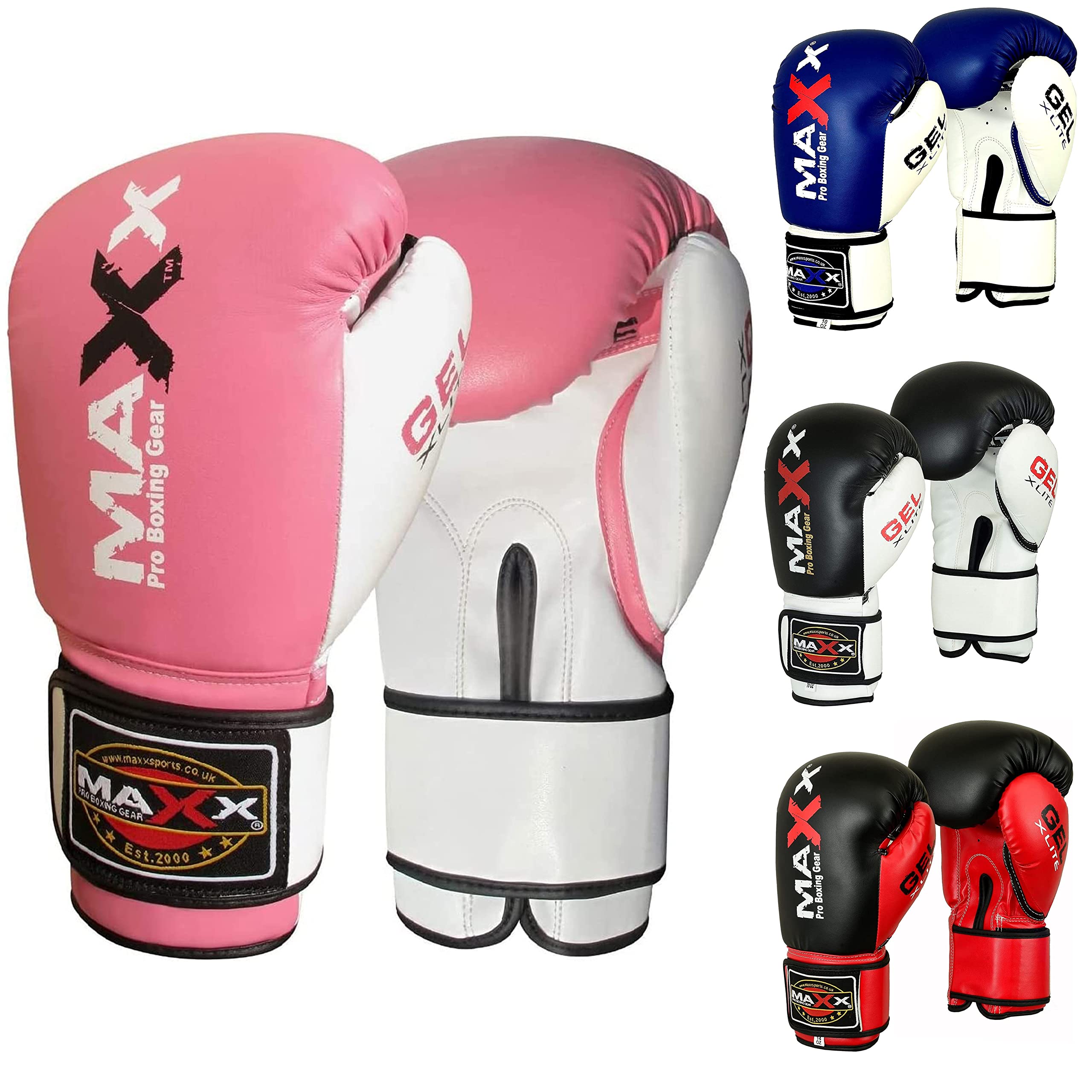 Maxx Boxing Gloves Training Gloves Junior Kids & Adult Sizes Rex Leather Sparring Gym Fitness, 4 6 8 10 12 14 16 Oz (Pink White, 16oz)