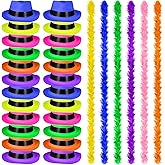 JaGely 48 Pieces Neon Party Supplies 24 Neon Gangster Hats 24 Pcs Feather Boas for Mardi Gras Carnival Glow Wedding Party