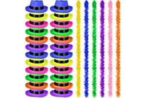 JaGely 48 Pieces Neon Party Supplies 24 Neon Gangster Hats 24 Pcs Feather Boas for 2026 New Years Eve Glow Party