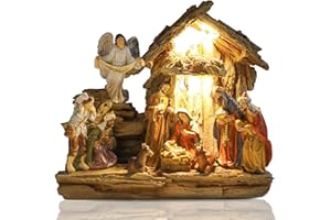 Bshine Christmas Manger Nativity Sets & Figure, 10.6x13.6 Nativity Scene Holy Family Angel and Baby Jesus, Christmas Indoor Decor Home Desktop Decor for Window Collectible Ornaments