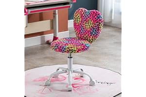 Kmax Kids Reading Chair, Rolling Cute Desk Chair for Girls Swivel Office Chair with Wheels & Heart Back Adjustable Childrens Vanity Chair for Bedroom Reading Room - Faux Fur, Leopard