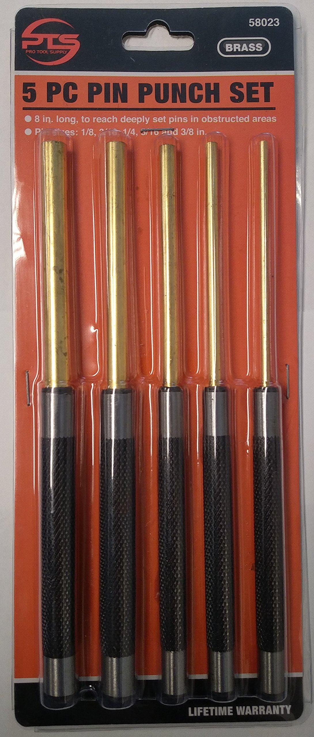 BRASS PIN PUNCH SET, 5PC, LONG DRIVE KNURLED HANDLES GUNSMITH 1/8" 3/